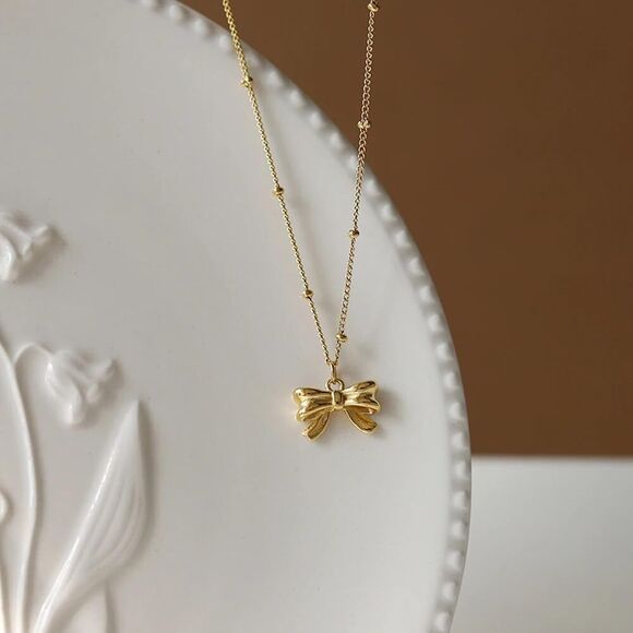 Gold Necklace Bow Knot Necklace Trendy 14K Dainty Tiny Bow Pendant Chain Gift - Picture 1 of 8
